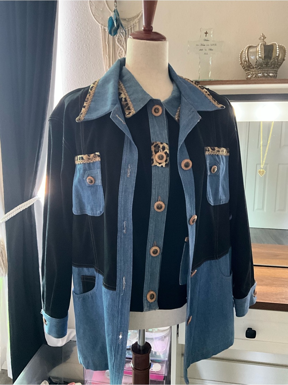 Vintage Nancy Bolen City Girl Womens Blue Denim Jacket Black Moleskin Stretch